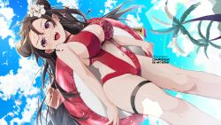 Rule 34 | 1girl, absurdres, blue sky, breasts, brown hair, center opening, cleavage, cloud, cloudy sky, double bun, dutch angle, flower, goddess of victory: nikke, hair bun, hair flower, hair ornament, hanaberin, highres, innertube, jewelry, large breasts, long hair, one-piece swimsuit, open mouth, palm tree, pendant, purple eyes, red one-piece swimsuit, sideboob, sky, smile, solo, swim ring, swimsuit, thigh strap, tree, yan (nikke)