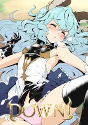 Rule 34 | animal ears, backless outfit, black gloves, blue hair, blush, breasts, breath, earrings, erune, closed eyes, ferry (granblue fantasy), gloves, granblue fantasy, granblue fantasy versus, highres, jewelry, long hair, momio, panties, pink panties, rabbit ears, sideboob, small breasts, solo, spread legs, thighhighs, torn clothes, underwear, wavy hair