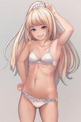 Rule 34 | 1girl, arm behind head, armpits, blonde hair, blue eyes, bra, breasts, feet out of frame, frilled panties, frills, gluteal fold, grey background, hair tie, hand on own hip, highres, lips, long hair, looking at viewer, navel, original, panties, ponytail, small breasts, smile, solo, stomach, teeth, underwear, underwear only, white bra, white panties, yubata
