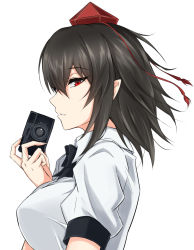 Rule 34 | 1girl, black bow, black bowtie, black hair, bow, bowtie, breasts, camera, commentary request, from side, hat, holding, holding camera, looking at viewer, medium breasts, parted lips, pointy ears, profile, puffy short sleeves, puffy sleeves, red eyes, shameimaru aya, shirt, short hair, short sleeves, sidelocks, simple background, solo, tassel, tokin hat, touhou, upper body, watarase piro, white background, white shirt