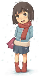 Rule 34 | 1girl, cyprian chomicki, female focus, freckles, full body, looking at viewer, lowres, original, scarf, snow, solo, standing