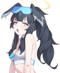 Rule 34 | 1girl, :o, absurdres, animal ears, bare shoulders, black hair, blue archive, blue eyes, breasts, bright pupils, collared shirt, crop top, dog ears, ellu, goggles, goggles on head, halo, hibiki (blue archive), hibiki (cheer squad) (blue archive), highres, long hair, looking at viewer, midriff, millennium cheerleader outfit (blue archive), official alternate costume, open mouth, ponytail, shirt, sidelocks, simple background, sleeveless, sleeveless shirt, small breasts, solo, spaghetti strap, two-tone shirt, upper body, white background, white shirt