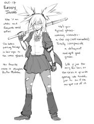 Rule 34 | 1girl, character name, character profile, collared shirt, commentary, english commentary, english text, fingerless gloves, ge-b, glasses, gloves, greyscale, holding, leg warmers, mole, mole under eye, monochrome, original, shinai, shirt, skirt, solo, spiked hair, sword, torn clothes, torn legwear, twintails, weapon