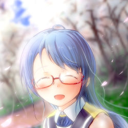 Rule 34 | 10s, 1girl, ^ ^, bespectacled, blue hair, blurry, blush, closed eyes, day, depth of field, dutch angle, facing viewer, glasses, grass, hanami, kantai collection, naviyu elin, open mouth, outdoors, petals, portrait, red-framed eyewear, samidare (kancolle), semi-rimless eyewear, smile, solo, tree, under-rim eyewear