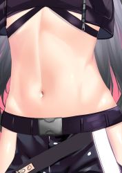 Rule 34 | 1girl, arknights, black hair, black jacket, black pants, crop top, head out of frame, hip vent, jacket, long hair, navel, navel focus, open clothes, open jacket, pants, puritijiiji, solo, stomach, texas (arknights), unzipped, upper body, very long hair, zipper pull tab