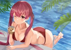 Rule 34 | 1girl, arched back, arrow through heart, ass, bikini, black ribbon, blush, breasts, cleavage, cup, earrings, elbow rest, full body, hair ornament, hair ribbon, hairclip, haru yu, heart, heart earrings, heart necklace, highres, holding, holding cup, hololive, houshou marine, houshou marine (summer), jewelry, leaning, long hair, looking at viewer, medium breasts, necklace, one eye closed, pool, poolside, puckered lips, red bikini, red eyes, red hair, ribbon, skull cup, solo, swimsuit, twintails, very long hair, virtual youtuber, water