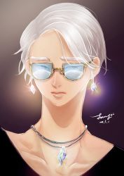 Rule 34 | 1other, absurdres, alternate costume, androgynous, cairngorm (houseki no kuni), colored eyelashes, contemporary, earrings, gem, glasses, grey eyes, highres, houseki no kuni, jewelry, jouny62, looking at viewer, necklace, short hair, solo, sparkle, thick eyebrows, upper body, white hair
