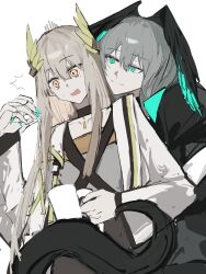 2girls aqua_eyes aqua_nails arknights black_coat blonde_hair blunt_bangs chinese_commentary closed_mouth coat collarbone couple dress feathered_wings fingernails flat_chest gradient_wings grey_hair hair_between_eyes hand_on_another&#039;s_hand hand_up hands_up head_tilt head_wings headpiece heads_together highres ho&#039;olheyak_(arknights) hug hug_from_behind jewelry leaning_on_person leaning_to_the_side light_smile long_hair long_sleeves looking_down looking_to_the_side muelsyse_(arknights) multicolored_wings multiple_girls necklace open_clothes open_coat open_mouth orange_eyes rencaihaiaihua sharp_fingernails short_hair simple_background surprised sweatdrop tail wavy_hair white_background white_coat wide-eyed wide_sleeves wings yuri