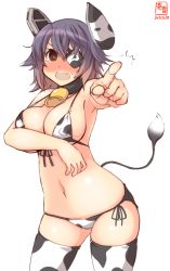 Rule 34 | 1girl, @ @, ^^^, alternate costume, animal ears, animal print, artist logo, bikini, breasts, commentary request, covered erect nipples, cow ears, cow horns, cow print, cow tail, cowboy shot, dated, eyepatch, fake animal ears, fake horns, fang, foreshortening, front-tie top, headgear, highres, horns, kanon (kurogane knights), kantai collection, large breasts, lowleg, lowleg bikini, micro bikini, one-hour drawing challenge, open mouth, pointing, purple hair, short hair, side-tie bikini bottom, simple background, skin fang, solo, swimsuit, tail, tenryuu (kancolle), white background, white bikini, white legwear, yellow eyes