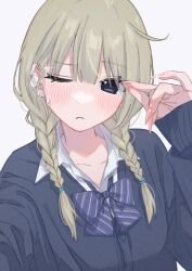 Rule 34 | 1girl, arm up, bandaid, bandaid on ear, black eyes, blonde hair, blue cardigan, blue neckerchief, blush, braid, breasts, cardigan, closed mouth, collarbone, collared shirt, commentary, fingernails, hair between eyes, hamafugu, light frown, long hair, looking at viewer, nail polish, neckerchief, one eye closed, original, school uniform, shirt, simple background, small breasts, solo, sparkle, striped neckerchief, sweatdrop, swept bangs, symbol-only commentary, twin braids, upper body, very long fingernails, white background, white shirt