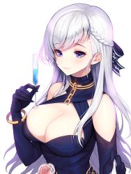Rule 34 | 1girl, alternate costume, azur lane, belfast (azur lane), belfast (the noble attendant) (azur lane), braid, breasts, chain, cleavage, commentary request, dress, elbow gloves, gloves, hair ribbon, highres, holding, kyundoo, large breasts, long hair, looking at viewer, ribbon, silver hair, simple background, smile, solo, white background