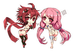 Rule 34 | 2girls, ahoge, ass, ass grab, barefoot, blade (soccer spirits), breasts, butt crack, chibi, crying, hairband, headgear, long hair, low twintails, luka (soccer spirits), multiple girls, open mouth, pink eyes, pink hair, reason (ficafe), red eyes, red hair, scarf, short hair, soccer spirits, swimsuit, tears, thong, twintails, underboob