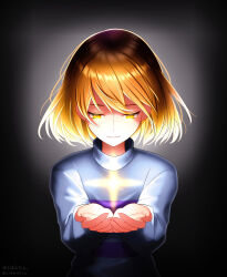 Rule 34 | 1other, androgynous, artist name, black background, blue sweater, bob cut, brown hair, closed mouth, commentary, constricted pupils, dark, double horizontal stripe, eyelashes, floating, floating hair, floating object, frisk (undertale), glowing, glowing eyes, gradient background, grey background, hair spread out, highres, light smile, long sleeves, looking at object, looking down, loose hair strand, narrowed eyes, own hands together, purple sweater, reaching, reaching towards viewer, shaded face, short hair, signature, smile, solo, sparkle, standing, sweater, turtleneck, turtleneck sweater, twitter username, two-tone sweater, undertale, yellow eyes, yuupontan.