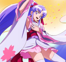 Rule 34 | 10s, 1girl, alternate form, arm up, armpits, cherry blossoms, cure fortune, cure fortune (anmitsu komachi), detached sleeves, earrings, floral print, hair ribbon, hand on own chest, happinesscharge precure!, haruyama kazunori, heart, heart earrings, hikawa iona, japanese clothes, jewelry, kimono, long hair, looking at viewer, multicolored background, no panties, obi, open mouth, ponytail, precure, purple eyes, purple hair, red ribbon, revision, ribbon, sash, short kimono, smile, solo, thighhighs, wide ponytail, wide sleeves