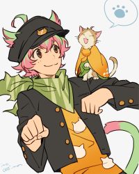 Rule 34 | 10s, 1boy, :3, adapted costume, ahoge, animal print, bad id, bad pixiv id, brown eyes, cat, cat print, cat tail, clenched hand, cosplay, costume switch, green hair, idolmaster, idolmaster side-m, iwa (iwa000ima), jacket, japanese clothes, looking at another, male focus, multicolored hair, nekoyanagi kirio, nyako (idolmaster), open clothes, open jacket, paw pose, pink hair, tail