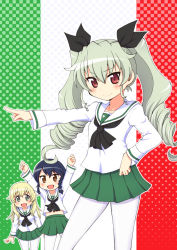 Rule 34 | &gt;:), 10s, 3girls, :d, alternate costume, anchovy (girls und panzer), arms up, black hair, blonde hair, blouse, blush, braid, brown eyes, carpaccio (girls und panzer), cosplay, drill hair, flag background, girls und panzer, green eyes, green hair, green skirt, hand on own hip, italian flag, long hair, long sleeves, looking at viewer, miniskirt, multiple girls, neckerchief, ooarai school uniform, open mouth, outstretched arms, pantyhose, pepperoni (girls und panzer), pleated skirt, pointing, red eyes, school uniform, serafuku, shirt, short hair, side braid, skirt, smile, socks, standing, twin drills, twintails, v-shaped eyebrows, white shirt, yuuki akira