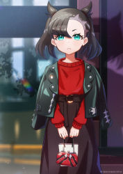 Rule 34 | 1girl, amenametaro, asymmetrical bangs, bag, black hair, blurry, blush, brown skirt, closed mouth, commentary request, creatures (company), eyelashes, frown, game freak, green eyes, highres, holding, holding bag, jacket, jacket on shoulders, long sleeves, looking at viewer, marnie (pokemon), medium hair, nintendo, pokemon, pokemon swsh, red sweater, skirt, solo, standing, sweater, twintails, valentine
