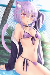 Rule 34 | 1girl, :o, ahoge, animal ear fluff, animal ears, arm up, bikini, black jacket, blush, breasts, breasts apart, buckle, cat ears, cat girl, cat tail, chain-link fence, collar, day, fence, front-tie bikini top, front-tie top, halterneck, highres, hololive, jacket, long sleeves, looking at viewer, navel, nekomata okayu, nibosi, off shoulder, open clothes, open jacket, open mouth, outdoors, pink eyes, purple bikini, purple hair, purple ribbon, ribbon, short hair, side-tie bikini bottom, single bare shoulder, sitting, small breasts, solo, stomach, string bikini, sunlight, swimsuit, tail, tree, underboob, virtual youtuber