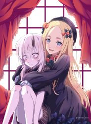 Rule 34 | 2girls, abigail williams (fate), absurdres, artist name, bad id, bad pixiv id, bags under eyes, black dress, blonde hair, blue eyes, bow, bug, butterfly, constricted pupils, curtains, dress, eteraito, fate (series), hair bow, hat, highres, horns, hug, hug from behind, bug, lavinia whateley (fate), long hair, multiple girls, orange bow, polka dot, polka dot bow, grey eyes, single horn, sitting, very long hair, white hair, window