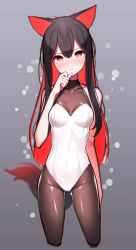 Rule 34 | 1girl, absurdres, alternate costume, animal ears, arknights, bare arms, bare shoulders, beudelb, black hair, black legwear, blush, bodystocking, breasts, closed mouth, collarbone, colored inner hair, covered navel, cropped legs, gluteal fold, grey background, hand on own face, highres, leotard, long hair, looking at viewer, medium breasts, multicolored hair, red eyes, red hair, simple background, solo, tail, texas (arknights), two-tone hair, very long hair, white leotard, wolf ears, wolf girl, wolf tail