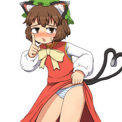 Rule 34 | 1girl, animal ear fluff, animal ear piercing, animal ears, animal hat, blush, bow, bowtie, brown eyes, brown hair, cat ears, cat tail, chen, clothes lift, commentary, dress, earrings, embarrassed, finger to mouth, flashing, green hat, hat, index finger raised, jewelry, kigan&#039;eiji, lifted by self, long sleeves, mob cap, multiple tails, nekomata, open mouth, panties, red skirt, red vest, shirt, short hair, shushing, single earring, skirt, skirt lift, skirt set, solo, striped clothes, striped panties, tail, touhou, two tails, underwear, vest, white shirt, yellow bow, yellow bowtie