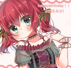 Rule 34 | 1girl, aqua eyes, artist name, artist request, bare shoulders, black detached collar, black ribbon, blush, collarbone, cross-laced clothes, cross-laced dress, dress, female focus, frilled dress, frills, green eyes, hair between eyes, hair ribbon, kurosawa ruby, looking at viewer, love live!, love live! school idol festival, love live! sunshine!!, parted lips, puffy short sleeves, puffy sleeves, red hair, ribbon, short hair, short sleeves, smile, solo, twintails, two side up, white wrist cuffs, wrist cuffs