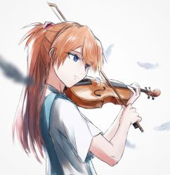 Rule 34 | 1girl, blouse, blue eyes, blurry, blurry background, blurry foreground, bow (music), commentary, depth of field, feathers, from side, hair ornament, highres, holding, holding instrument, holding violin, instrument, interface headset, long hair, looking ahead, music, neon genesis evangelion, parted lips, playing instrument, red hair, school uniform, shirt, short sleeves, sketch, skirt, solo, souryuu asuka langley, suspender skirt, suspenders, tokyo-3 middle school uniform, two side up, upper body, violin, white background, white feathers, white shirt, yakisobaosu