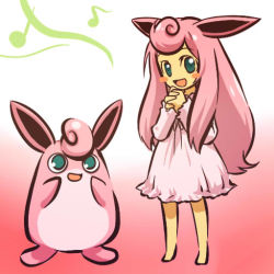 Rule 34 | 1990s (style), 1girl, animal ears, aqua eyes, barefoot, blush stickers, chibi, costume, creatures (company), dress, full body, game freak, gen 1 pokemon, hitec, long hair, moemon, musical note, nintendo, own hands clasped, own hands together, personification, pink hair, pokemon, pokemon (creature), pokemon rgby, quaver, retro artstyle, simple background, standing, wigglytuff
