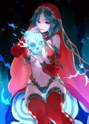 Rule 34 | 1girl, breasts, cleavage, dark background, fate/grand order, fate (series), green hair, highres, holding, holding skull, hoshi rasuku, jewelry, large breasts, long hair, looking at viewer, nail polish, necklace, open mouth, purple eyes, red thighhighs, salome (fate), scarf, sitting, skull, solo, stomach, thighhighs, underwear