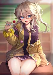 Rule 34 | 1girl, :d, absurdres, bare legs, blue eyes, blue nails, blurry, blurry background, candy, cardigan, chalkboard, collared shirt, desk, fang, food, gyaru, hakusyokuto, highres, jacket, jacket partially removed, jewelry, kasukabe tsumugi, kogal, light brown hair, lollipop, looking at viewer, loose necktie, magatama, magatama necklace, miniskirt, mole, mole under eye, nail polish, necklace, necktie, on desk, open mouth, school uniform, shirt, side ponytail, sitting, on desk, skirt, smile, solo, thighs, voiceroid
