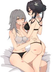 Rule 34 | 2girls, absurdres, applying makeup, armpit crease, arnkun, ass, black bra, black hair, black panties, blue eyes, blush, bra, breasts, brown eyes, cleavage, collarbone, deep skin, eyebrows hidden by hair, flower, from behind, grabbing another&#039;s ass, grey bra, grey hair, groping, hair between eyes, hair flower, hair ornament, hand on another&#039;s ass, hand on another&#039;s waist, highres, honkai: star rail, honkai (series), large breasts, lipstick, lipstick mark, long hair, looking at viewer, makeup, multiple girls, on bed, panties, ruan mei (honkai: star rail), simple background, sitting, stelle (honkai: star rail), strapless, strapless bra, thong, trailblazer (honkai: star rail), underwear, underwear only, white background, yuri