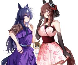 Rule 34 | 3girls, alternate costume, animal ears, bare shoulders, black gloves, blue eyes, blue hair, breasts, brown hair, cheval grand (umamusume), cleavage, dark blue hair, dress, ear covers, elbow gloves, gentildonna (umamusume), gloom (expression), gloves, hat, highres, holding, holding clothes, holding hat, horse ears, horse girl, horse tail, large breasts, long hair, looking at another, mole, mole under eye, multicolored hair, multiple girls, pink dress, purple dress, red eyes, sb (akagikeai), siblings, simple background, sisters, smile, streaked hair, tail, umamusume, unworn headwear, verxina (umamusume), white background, white hair, white headwear