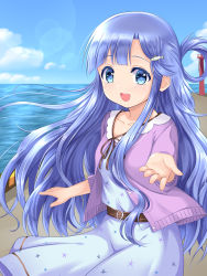Rule 34 | 1girl, asari nanami, blue eyes, blue hair, blush, breasts, collarbone, day, fish hair ornament, hair ornament, highres, idolmaster, idolmaster cinderella girls, lighthouse, long hair, looking at viewer, medium breasts, open mouth, outdoors, smile, solo, u2 (5798239), very long hair