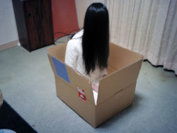 Rule 34 | 1girl, box, cosplay photo, crossgun, curtains, dress, hair over eyes, hair over face, in box, in container, indoors, long hair, palegna, photo (medium), sitting, solo, the ring, white dress, wood, yamamura sadako