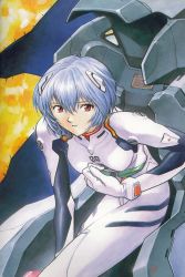 Rule 34 | 1girl, ayanami rei, blue hair, breasts, cleaned, eyebrows, hair ornament, highres, neon genesis evangelion, official art, parted lips, plugsuit, red eyes, short hair, small breasts, solo, tagme