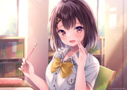 Rule 34 | 1girl, blurry, blurry background, blush, bow, brown eyes, brown hair, collared shirt, commentary request, day, depth of field, dress shirt, hair between eyes, hands up, holding, holding pen, indoors, library, looking at viewer, nemuri nemu, open mouth, original, pen, school uniform, shirt, solo, sunlight, upper body, white shirt, window, yellow bow