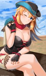 Rule 34 | 1girl, black gloves, blue eyes, blush, breasts, charlotte e. yeager, cleavage, closed mouth, collarbone, cowboy hat, crossed legs, fingerless gloves, gloves, hat, highres, hiroshi (hunter-of-kct), large breasts, long hair, looking at viewer, one eye closed, orange hair, outdoors, sky, smile, solo, strike witches, world witches series
