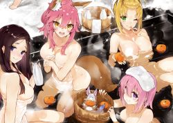 Rule 34 | &gt;:), 10s, 4girls, ;), alternate costume, animal, animal ear fluff, animal ears, bangs pinned back, blonde hair, blue eyes, blush, bottle, breasts, brown hair, bucket, commentary, commentary request, covering privates, eating, fate/extra, fate/grand order, fate (series), food, fou (fate), fox ears, fox tail, fruit, green eyes, highres, holding, holding bottle, holding food, kou mashiro, large breasts, leonardo da vinci (fate), long hair, mandarin orange, mash kyrielight, multiple girls, naked towel, nero claudius (fate), nero claudius (fate) (all), nero claudius (fate/extra), nude cover, one eye closed, onsen, open mouth, partially submerged, pink hair, purple eyes, sitting, smile, symbol-only commentary, tail, tamamo (fate), tamamo no mae (fate/extra), tokkuri, towel, towel on head, water, wet towel, yellow eyes