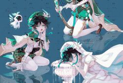 Rule 34 | 1boy, absurdres, ahoge, alternate costume, aqua eyes, beret, black bow, black bowtie, black hair, blue background, bow, bowtie, braid, cape, closed eyes, commentary, dress, flower, genshin impact, green cape, green eyes, green headwear, green shorts, hair between eyes, harp, hat, hat flower, highres, instrument, juliet sleeves, kneeling, pantyhose under shorts, long sleeves, looking at viewer, male focus, multicolored hair, multiple views, pantyhose, pazhi (1076218251), puffy sleeves, seiza, shirt, shoes, short hair, shorts, sitting, twin braids, uneven eyes, veil, venti (genshin impact), white dress, white flower, white pantyhose, white shirt, zzz
