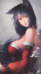 Rule 34 | 1girl, ahri (league of legends), animal ears, breasts, fox ears, highres, korean clothes, large breasts, league of legends, light smile, parted lips, sideboob, sky of morika, solo, upper body, yellow eyes