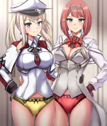 Rule 34 | 2girls, absurdres, ark royal (kancolle), black gloves, blonde hair, blue eyes, blunt bangs, bob cut, breasts, brown gloves, celtic knot, cleavage cutout, clothing cutout, commission, corset, cross, fingerless gloves, flower, gloves, graf zeppelin (kancolle), hair between eyes, hat, highres, inverted bob, iron cross, jacket, kantai collection, large breasts, long sleeves, medium breasts, military, military uniform, multiple girls, panties, peaked cap, pixiv commission, purple eyes, red flower, red hair, red panties, red ribbon, red rose, ribbon, rose, short hair, sidelocks, tiara, twintails, underwear, uniform, white corset, white jacket, yellow panties, zanntetu