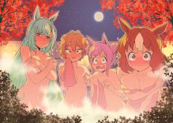 4girls agnes_digital_(umamusume) alternate_hairstyle animal_ears berno_light_(umamusume) blue_hair blush breasts brown_hair cleavage closed_mouth collarbone double_bun embarrassed flat_chest groin hair_between_eyes hair_bun horse_ears horse_girl horse_tail large_breasts looking_at_viewer mejiro_ardan_(umamusume) moon multiple_girls navel onsen pink_hair satake_mei short_hair sky small_breasts star_(sky) starry_sky tail tears teeth towel tree tsubaki09 umamusume water