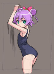 Rule 34 | 1girl, against wall, ass, bow, brown background, double bun, green eyes, hair bow, looking at viewer, manaka laala, one-piece swimsuit, pretty series, pripara, purple hair, rohitsuka, school swimsuit, short hair, smile, solo, swimsuit