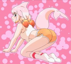 Rule 34 | 1girl, acesrulez, alternate costume, bare shoulders, casual, cetacean tail, chinese white dolphin (kemono friends), commentary request, crop top, dolphin girl, dolphin shorts, fins, fish tail, grey eyes, highres, kemono friends, kneeling, looking at viewer, multicolored hair, no shoes, orange hair, orange shirt, pink hair, shirt, short shorts, short twintails, shorts, sidelocks, sleeveless, socks, solo, tail, tank top, twintails, white shirt, white socks