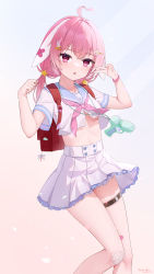 Rule 34 | 1girl, :o, absurdres, ahoge, atsuishio, backpack, bag, blue sailor collar, breasts, commentary request, crop top, feet out of frame, flower, hair flower, hair ornament, hairclip, hands up, heart, heart ahoge, highres, knees together feet apart, long hair, looking at viewer, low twintails, neckerchief, original, parted lips, pink hair, pink neckerchief, pleated skirt, rabbit hair ornament, randoseru, red eyes, sailor collar, school uniform, serafuku, shirt, short sleeves, skirt, small breasts, solo, star (symbol), star hair ornament, twintails, underboob, v, white flower, white serafuku, white shirt, white skirt