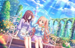 Rule 34 | 2girls, artist request, bench, blue sky, blush, breasts, bush, checkered clothes, checkered skirt, cleavage, cloud, collarbone, day, eyebrows, flower, fountain, frills, glasses, grey-framed eyewear, hair ornament, idolmaster, idolmaster cinderella girls, idolmaster cinderella girls starlight stage, jewelry, long hair, long sleeves, looking at another, multiple girls, necklace, official art, outdoors, park, pink hair, rose, saionji kotoka, semi-rimless eyewear, sitting, skirt, sky, smile, sunlight, tree, twintails, under-rim eyewear, very long hair, water, yagami makino, yellow eyes, yellow flower