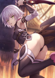 Rule 34 | 1girl, ass, bandages, bare shoulders, black panties, blurry, depth of field, dual wielding, elizabeth tower, fate/apocrypha, fate/grand order, fate (series), green eyes, highres, holding, jack the ripper (fate/apocrypha), looking at viewer, mashuu (neko no oyashiro), panties, reverse grip, scar, short hair, silver hair, solo, thighhighs, underwear