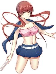 Rule 34 | 1girl, bandeau, baton, breasts, collarbone, cropped legs, groin, highres, holding, long hair, looking at viewer, md5 mismatch, medium breasts, midriff, miniskirt, musujime awaki, nanao (mahaya), navel, official art, pleated skirt, red eyes, red hair, resized, resolution mismatch, skirt, smile, solo, source larger, strapless, toaru majutsu no index, tube top, twintails, white background
