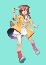 Rule 34 | 1girl, absurdres, animal collar, animal ears, asymmetrical clothes, blush, bone hair ornament, braid, breasts, brown hair, buttons, coat, collar, controller, dog ears, dog girl, dog tail, dress, full body, game controller, hair ornament, hairclip, happy, highres, holding, hololive, inugami korone, medium breasts, medium hair, off shoulder, open mouth, pompmaker1, ribbon, shoes, simple background, smile, socks, solo, tail, virtual youtuber, white dress, wristband, yellow coat