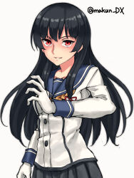 Rule 34 | 1girl, black hair, blush, breasts, commentary request, dated, gloves, grey skirt, hair ornament, hair ribbon, highres, isokaze (kancolle), kantai collection, long hair, long sleeves, looking at viewer, maakun (makun dx), medium breasts, neckerchief, one-hour drawing challenge, red eyes, ribbon, school uniform, serafuku, skirt, smile, solo, tress ribbon, twitter username, upper body, white background, white gloves, yellow neckerchief